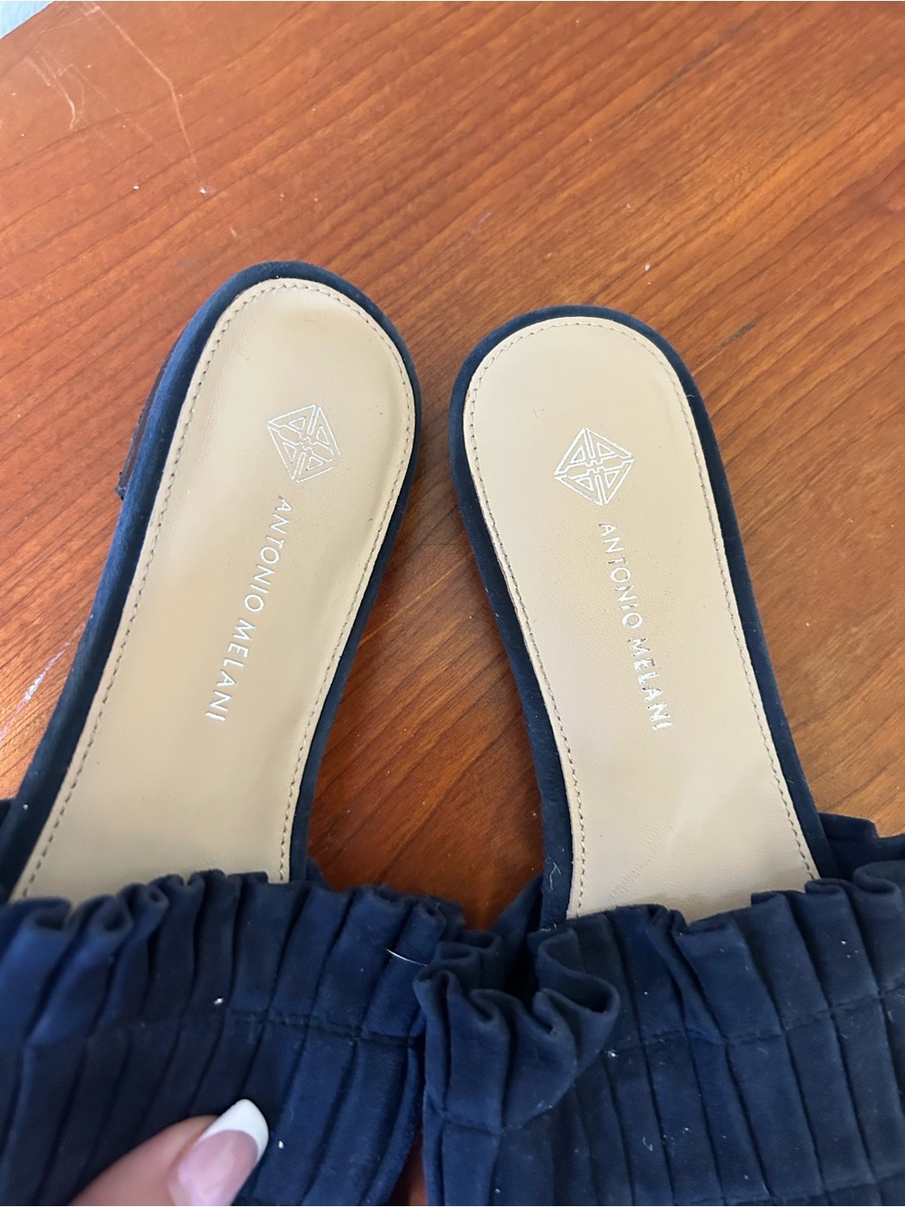 ANTONIO MELANI navy blue Suede Ruffle Slide Mules 7.5 genuine leather - Picture 2 of 4